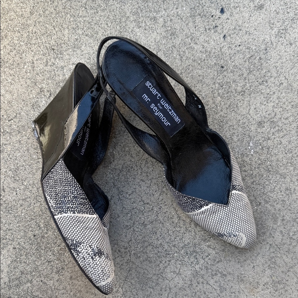 Stuart Weitzman Black and Cream Patterned Wedges